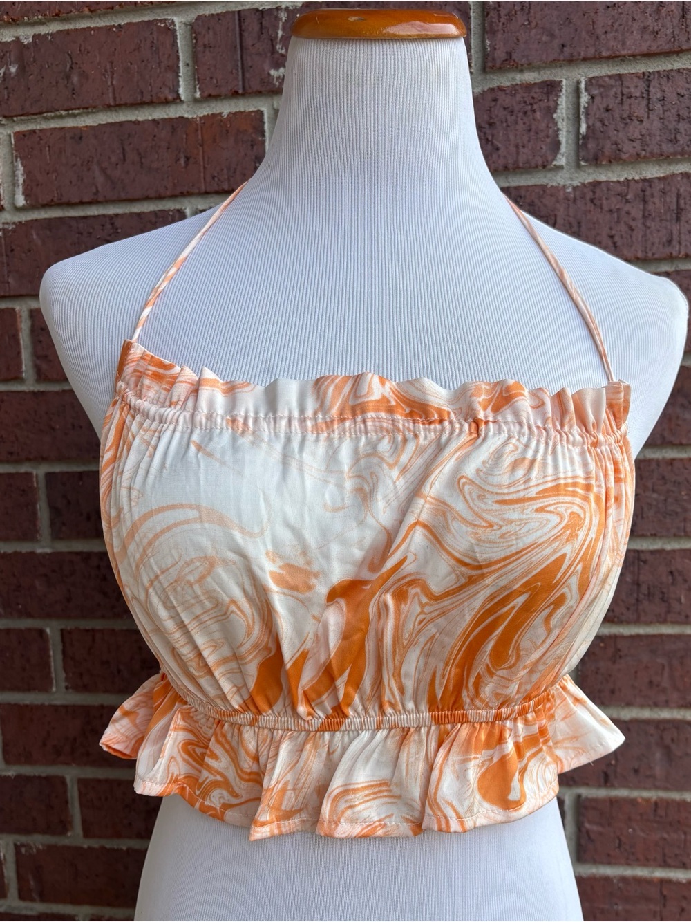 SHEIN Orange Marble Ruffled Halter Crop Top